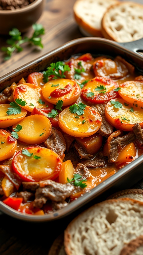 A hearty casserole noir with meat and vegetables, topped with golden potatoes, served on a rustic table.